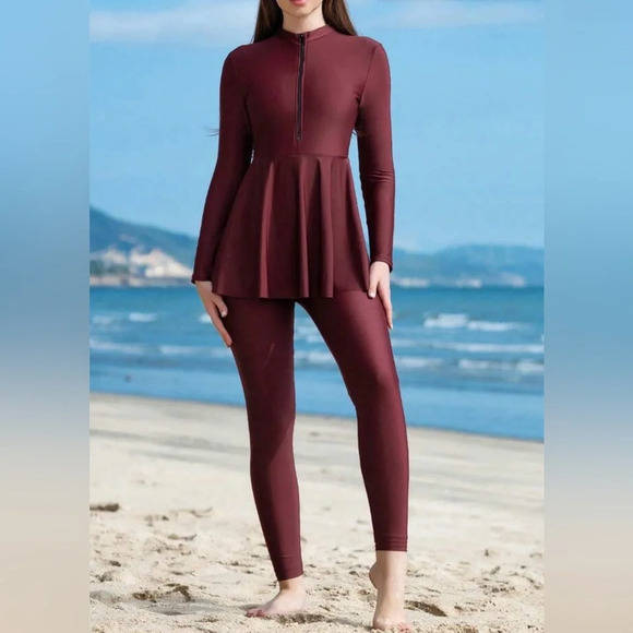 Women’s burkini Long Sleeve One-Piece Swimsuit – Burgundy, Solid Color, Size S - Picture 3 of 10